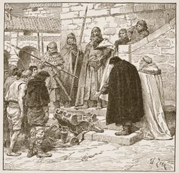 Zbieranie Dane-gelta, ilustracja z „Kościoła anglikańskiego: historia dla ludu” autorstwa H.D.M. Spence-Jones, wyd. ok. 1910 (zdjęcie w sepii)